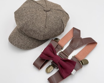 Newsboy Cap Outfit for Baby to Adult - Ring Bearer and Groomsman Wedding Set with Wine Bow Tie and Leather Suspenders, Gatsby Flat Cap