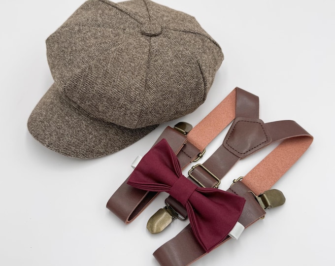 Newsboy Cap Outfit for Baby to Adult - Ring Bearer and Groomsman Wedding Set with Wine Bow Tie and Leather Suspenders, Gatsby Flat Cap