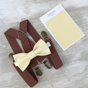 Yellow Bow Tie & Suspenders – All Sizes Baby to Adult, Buttercup Canary Bow, Ring Bearer Groomsman Gift, Pocket Square, X Back Brown Braces