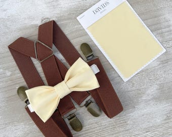 Yellow Bow Tie & Suspenders – All Sizes Baby to Adult, Buttercup Canary Bow, Ring Bearer Groomsman Gift, Pocket Square, X Back Brown Braces
