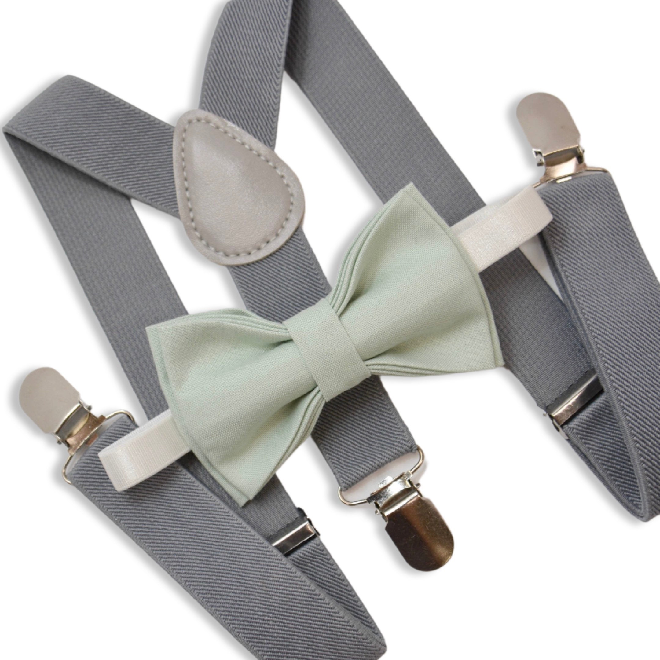 Bow Tie & Suspenders SET / DUSTY SAGE Bow Tie / Medium Gray Suspender…