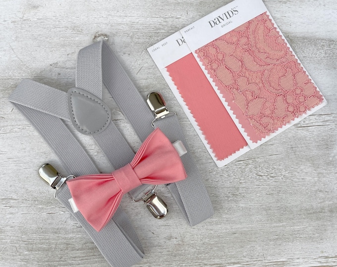 Parfait Bow Tie & Light Gray Suspenders - Ring Bearer and Groomsman Outfit, Rustic Wedding, Coral Bow Tie, All Sizes Baby to Adult