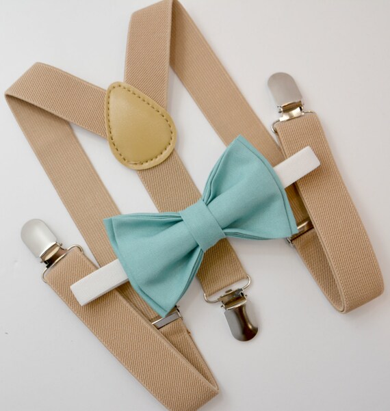 Bow Tie & Suspenders SET / Seafoam Blue Bow Tie / Beige Tan | Etsy