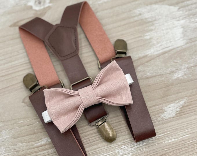 Vintage Rose Bow tie & Suspenders, Leather Braces, Linen Cameo BowTie, Ring Bearer Outfit, Boho Rustic Wedding