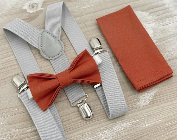 Paprika Bow tie & Suspenders | Light Gray Braces | Sienna Bow | Pocket Square | Ring Bearer Outfit | Boho Rustic Wedding
