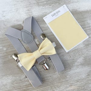 Yellow Bow Tie & Light Gray Suspenders – All Sizes Baby to Adult, Buttercup Bow, Ring Bearer Groomsman Gift, Pocket Square, Canary Wedding