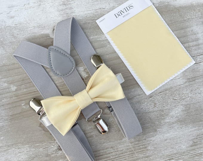 Yellow Bow Tie & Light Gray Suspenders – All Sizes Baby to Adult, Buttercup Bow, Ring Bearer Groomsman Gift, Pocket Square, Canary Wedding
