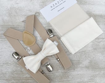 Alabaster Bow Tie & Champagne Suspenders - Ring Bearer Groomsman Outfit, Rustic Wedding, White Ecru Pocket Square, All Sizes Baby to Adult