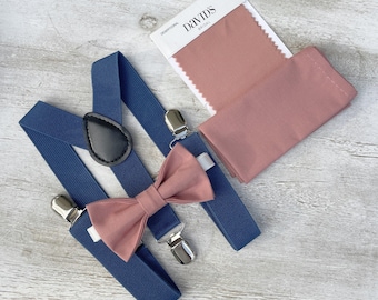 Desert Coral Bow Tie & Steel Blue Suspenders - Ring Bearer and Groomsman Outfit, Rustic Wedding, Pocket Square, All Sizes Baby to Adult