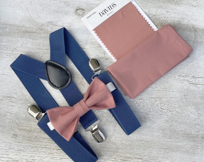 Desert Coral Bow Tie & Steel Blue Suspenders - Ring Bearer and Groomsman Outfit, Rustic Wedding, Pocket Square, All Sizes Baby to Adult