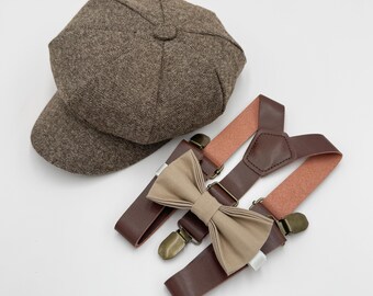 Newsboy Cap Outfit for Baby to Adult - Ring Bearer and Groomsman Wedding Set, Light Taupe Bow Tie and Leather Suspenders, Gatsby Flat Cap