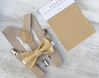 Gold Bow Tie & Champagne Suspenders – Ring Bearer and Groomsman Outfit, Rustic Boho Wedding, Pocket Square, Toddler to Adult Sizes