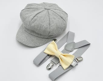 Newsboy Cap, Gatsby Flat Cap, Gray Suspenders & Buttercup Yellow Bow Tie - Baby to Adult Sizes, Ring Bearer Outfit, Page Boy Wedding Set