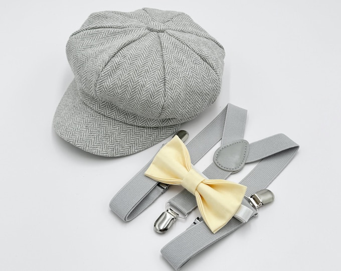 Newsboy Cap, Gatsby Flat Cap, Gray Suspenders & Buttercup Yellow Bow Tie - Baby to Adult Sizes, Ring Bearer Outfit, Page Boy Wedding Set