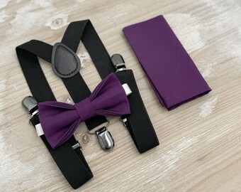 Plum Bow Tie & Black Suspenders Set - Ring Bearer and Groomsman Outfit, Rustic Wedding, Purple Pocket Square, All Sizes Baby to Adult