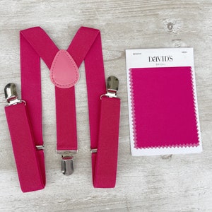 Fuchsia Pink Bow Tie & Suspenders , Men's pocket square , Boy's Ring Bearer gift , Groomsmen Gift , Wedding Groom best Man outfit image 3