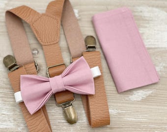 Vintage Mauve Bow Tie & Suspenders – All Sizes for Men and Boys, Leather Braces, Pocket Square, Ring Bearer, Boho Rustic Wedding