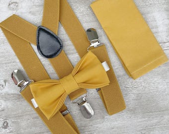 Mustard Bow Tie & Suspenders Set - Ring Bearer and Groomsman Outfit, Rustic Wedding, Cotton Pocket Square, All Sizes Baby to Adult