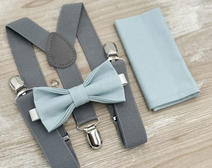 Mist Bow tie & Suspenders, Gray Braces, Sky Blue Bow, Dusty Blue Bowtie, Pocket Square, Ring Bearer Outfit, Boho Rustic Wedding Set