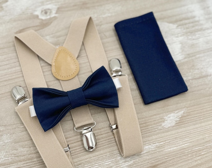 Navy Blue Bow Tie & Champagne Suspenders Set - Ring Bearer and Groomsman Outfit, Rustic Wedding, Pocket Square, All Sizes Baby to Adult