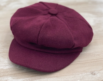 Wine Red Boy's Flat hat , Applejack Newsboy cap , Ring bearer gift , Cabernet Wedding  outfit , Newborn photo prop , Woolen hat