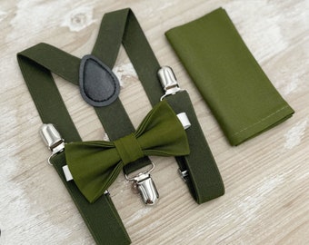 Olive Green Bow Tie & Suspenders – Ring Bearer and Groomsman Outfit, Rustic Wedding, Pocket Square, Toddler to Adult Sizes