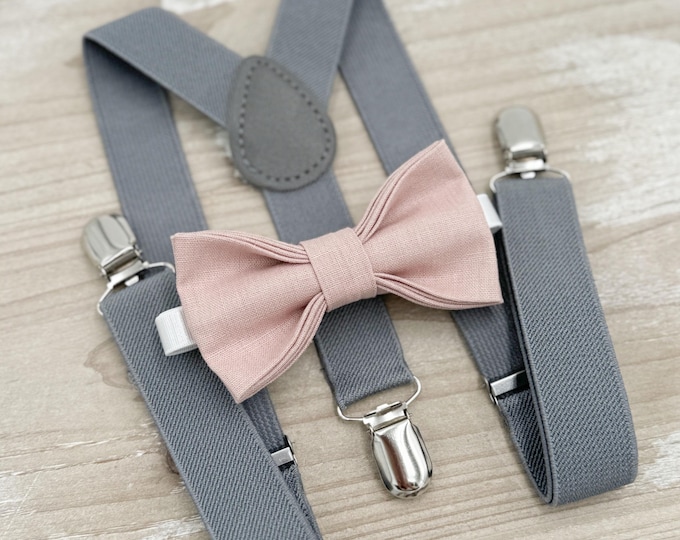 Vintage Rose Bow tie & Suspenders, Gray Braces, Linen Cameo BowTie, Ring Bearer Outfit, Boho Rustic Wedding