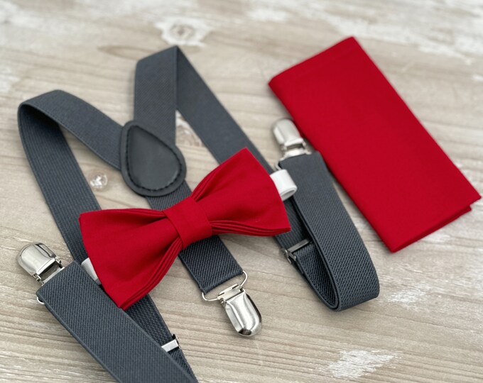 Apple Red Bow tie & Suspenders | Charcoal Dark Gray Braces | Pocket Square | Ring Bearer Outfit | Boho Wedding | Groomsman Gift
