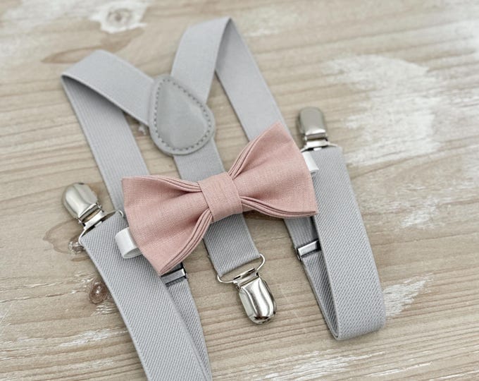 Vintage Rose Bow tie & Suspenders, Light Gray Braces, Linen Cameo BowTie, Ring Bearer Outfit, Boho Rustic Wedding
