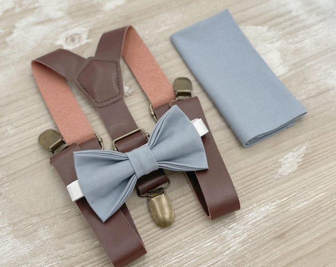 Dusty Blue Bow Tie & Suspenders – All Sizes for Boys and Men, Brown Vegan Leather Braces, Pocket Square, Ring Bearer, Boho Rustic Wedding