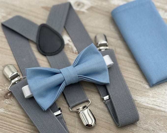 Steel Bow tie & Gray Suspenders | Pocket Square | Ring Bearer Outfit | Boho Wedding | Rustic Wedding Outfit | Groomsman Gift