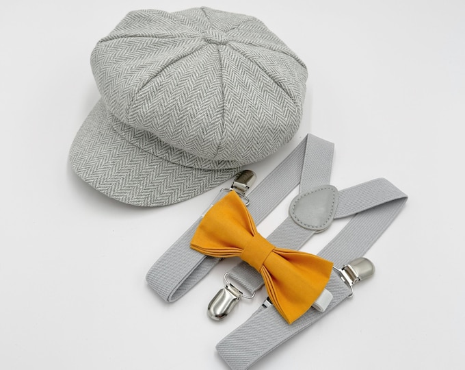 Newsboy Cap, Gatsby Flat Cap, Gray Suspenders & Marigold Bow Tie - Baby to Adult Sizes, Ring Bearer Outfit, Page Boy Wedding Set