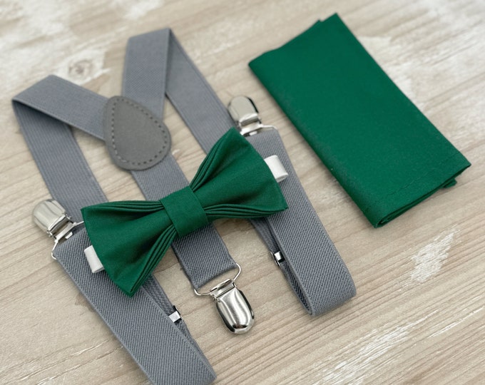 Juniper Bow tie & Suspenders, Gray Braces, Emerald Bow, Pocket Square, Ring Bearer Outfit, Boho Rustic Wedding