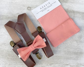 Coral Bow Tie & Leather Suspenders - Ring Bearer and Groomsman Outfit, Rustic Wedding, Cotton Pocket Square, All Sizes Baby to Adult