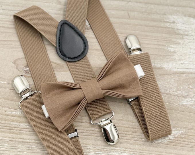 Taupe Bow Tie & Suspenders Set - Ring Bearer and Groomsman Outfit, Rustic Wedding, Pocket Square, All Sizes Baby to Adult