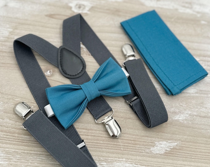 Teal Blue Bow Tie & Dark Gray Suspenders - Ring Bearer and Groomsman Outfit, Rustic Wedding, Pocket Square, All Sizes Baby to Adult