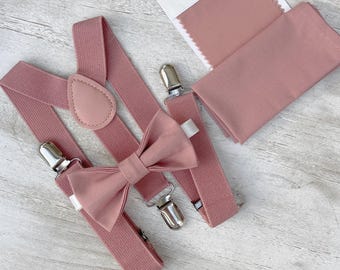 Desert Coral Bow Tie & Suspenders - Ring Bearer and Groomsman Wedding Set, Pocket Square