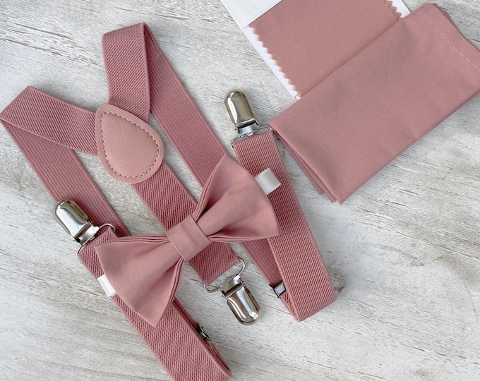 Desert Coral Bow Tie & Suspenders - Ring Bearer and Groomsman Wedding Set, Pocket Square