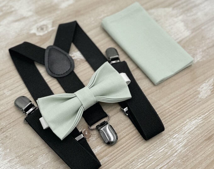 Dusty Sage Bow tie & Suspenders, Black Braces, Pocket Square, Ring Bearer Outfit, Boho Wedding Set
