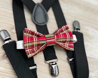 Christmas Paid Bow Tie & Black Suspenders Set - Ring Bearer and Groomsman Outfit, Rustic Wedding, Holiday Outfit, All Sizes Baby to Adult