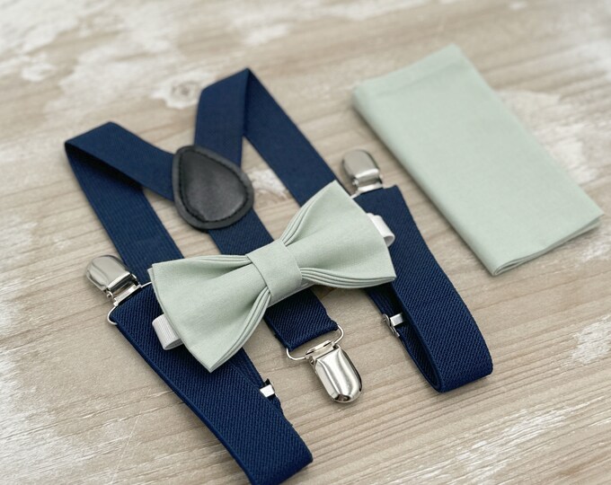 Dusty Sage Bow tie & Suspenders, Navy Braces, Pocket Square, Ring Bearer Outfit, Boho Wedding Set