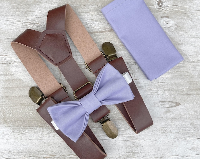 Lavender Bow Tie & Leather Suspenders - Ring Bearer and Groomsman Outfit, Rustic Wedding, Cotton Pocket Square, All Sizes Baby to Adult