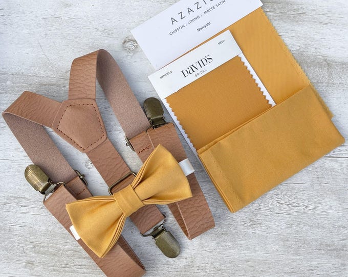 Marigold Bow Tie & Leather Suspenders Set - Ring Bearer and Groomsman Outfit, Rustic Wedding, Pocket Square, All Sizes Baby to Adult