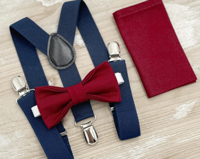 Burgundy Bow Tie & Navy Suspenders Set - Ring Bearer and Groomsman Outfit, Rustic Wedding, Pocket Square, All Sizes Baby to Adult
