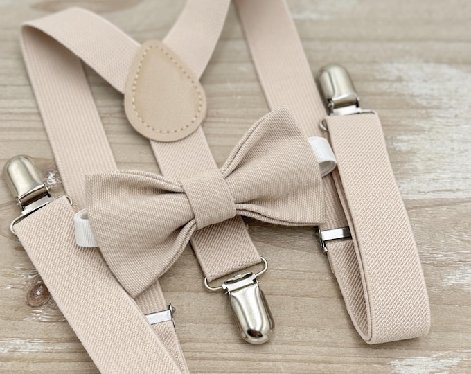 Almond Linen Bow Tie & Suspenders – Frost Wedding Set, All Sizes Toddler to Adult, Rustic Ring Bearer Outfit, Boho Groomsman Gift