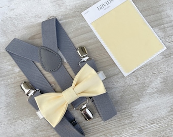 Buttercup Yellow Bow Tie & Gray Suspenders , Men's pocket square , Boy's Ring Bearer gift , Groomsmen Gift , Wedding Groom outfit
