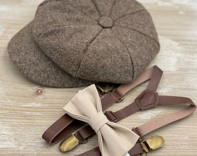 Tweed Newsboy Cap, Skinny Leather Suspenders, Biscotti Bow Tie, Ring Bearer Outfit, Cake Smash Outfit, Page Boy Cap, Wedding Set