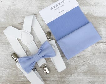 Periwinkle Bow Tie & White Suspenders Set - Ring Bearer and Groomsman Outfit, Rustic Wedding, Pocket Square, All Sizes Baby to Adult