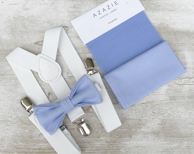 Periwinkle Bow Tie & White Suspenders Set - Ring Bearer and Groomsman Outfit, Rustic Wedding, Pocket Square, All Sizes Baby to Adult