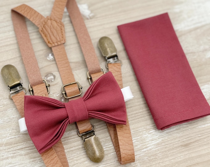 Rosewood Bow tie & Suspenders | Skinny Leather Light Brown Braces | Desert Rose Bow | Pocket Square | Ring Bearer Outfit | Rustic Wedding